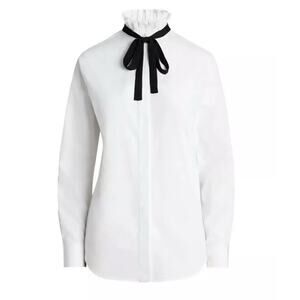 Ralph Lauren Purple Label White Cotton Broadcloth Button Up Shirt Black Silk Bow